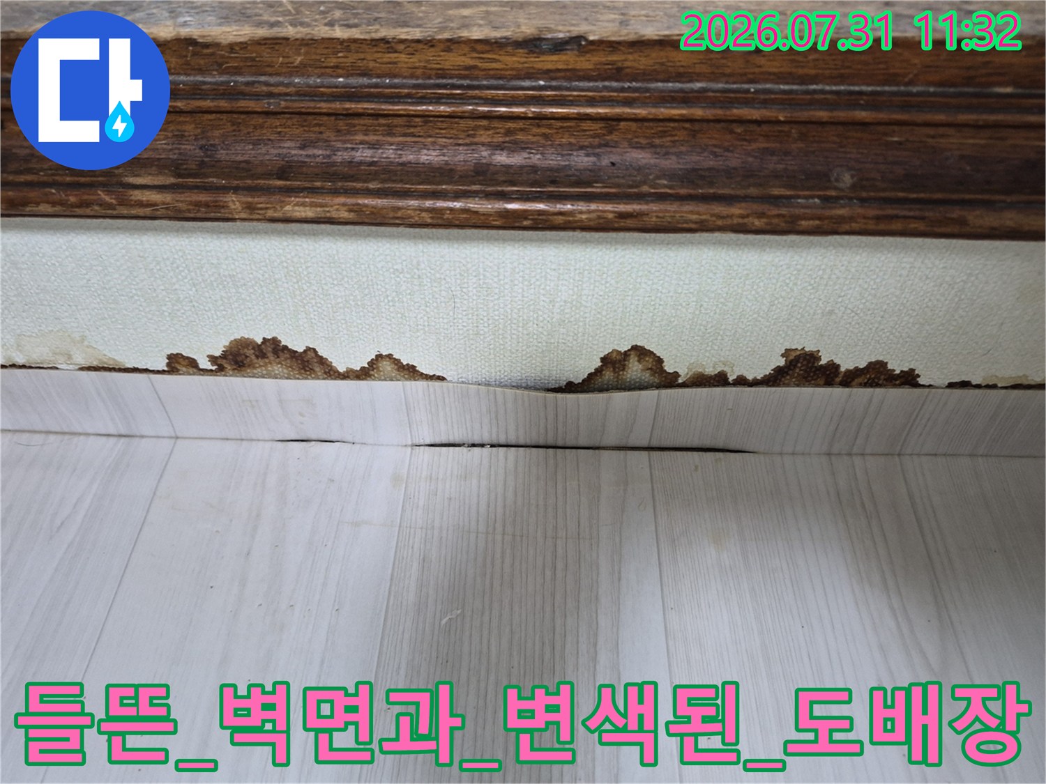 습기로 인해 들뜨고 곰팡이 오염이 발생한 천장 경계부 도배지