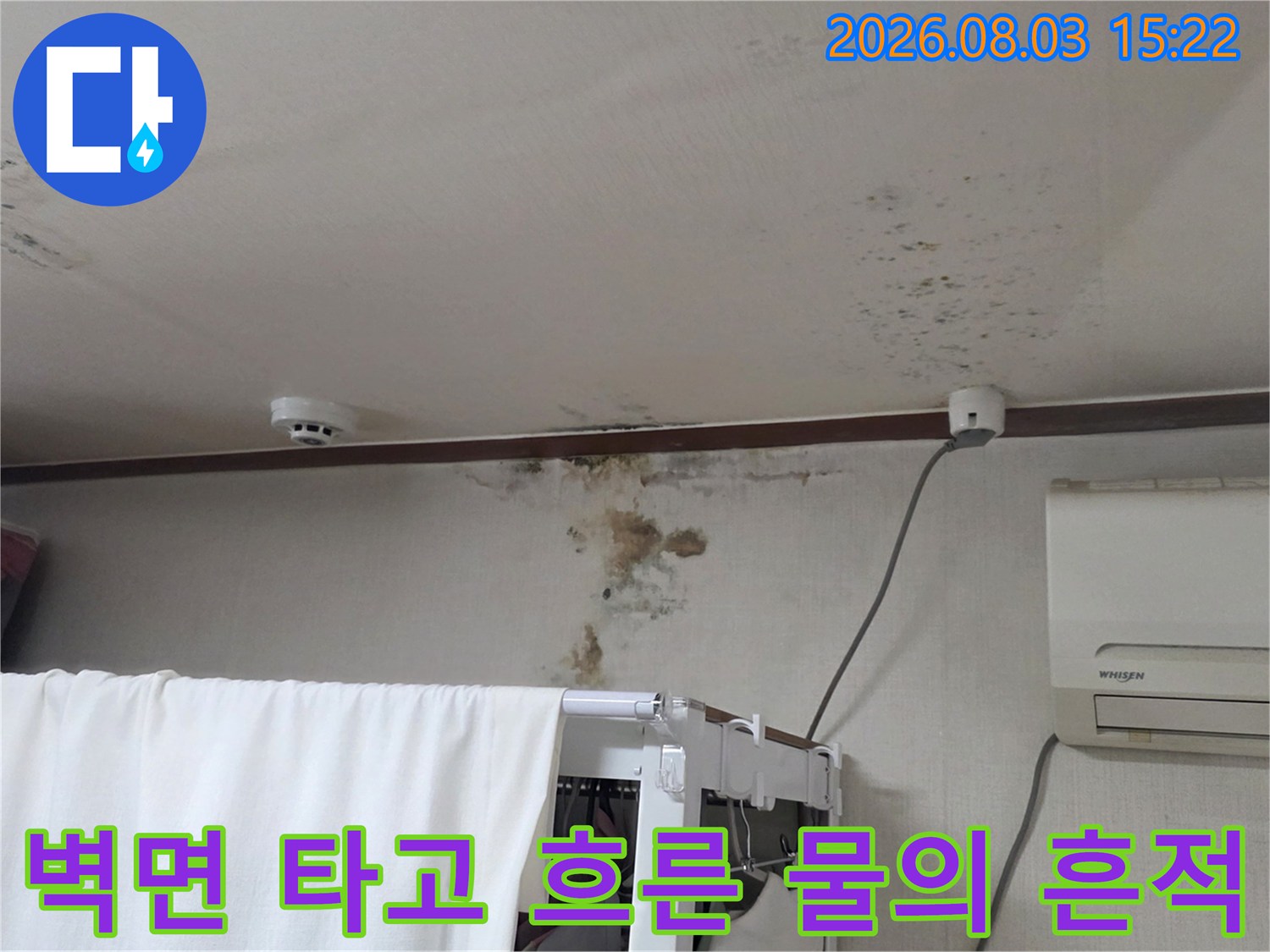 벽과 천장의 경계에 나타난 누수로 인한 곰팡이 및 변색 현황