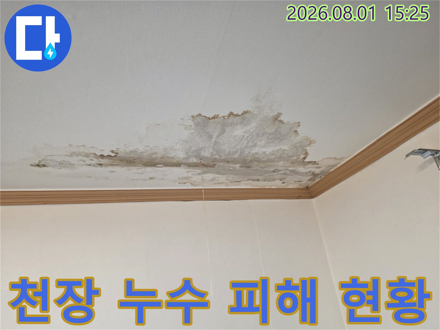 천장 마감재 변색 및 수분 침투로 인한 누수 증상을 촬영한 사진