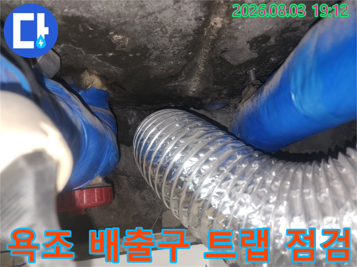 은색 호스 형태의 욕조 배수관과 파란색 보호재가 씌워진 배관 연결 부위