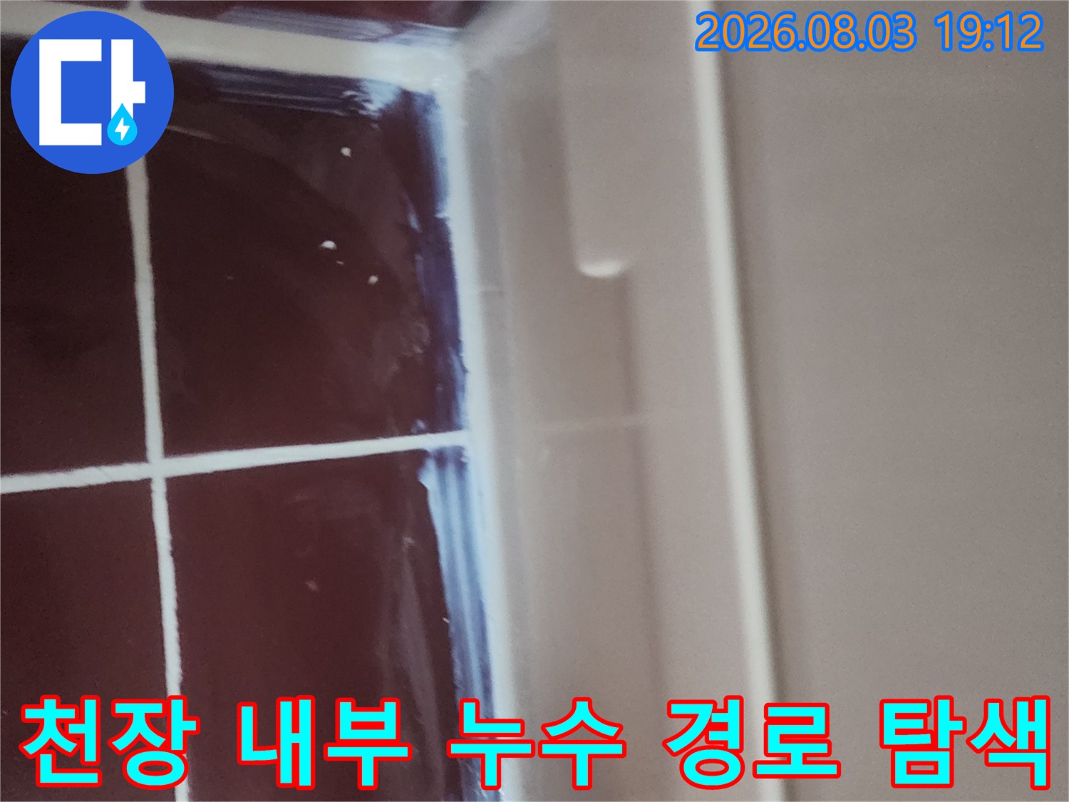 천장 점검구를 통해 노출된 배관과 타일 면의 습기 상태를 정밀하게 파악하는 모습