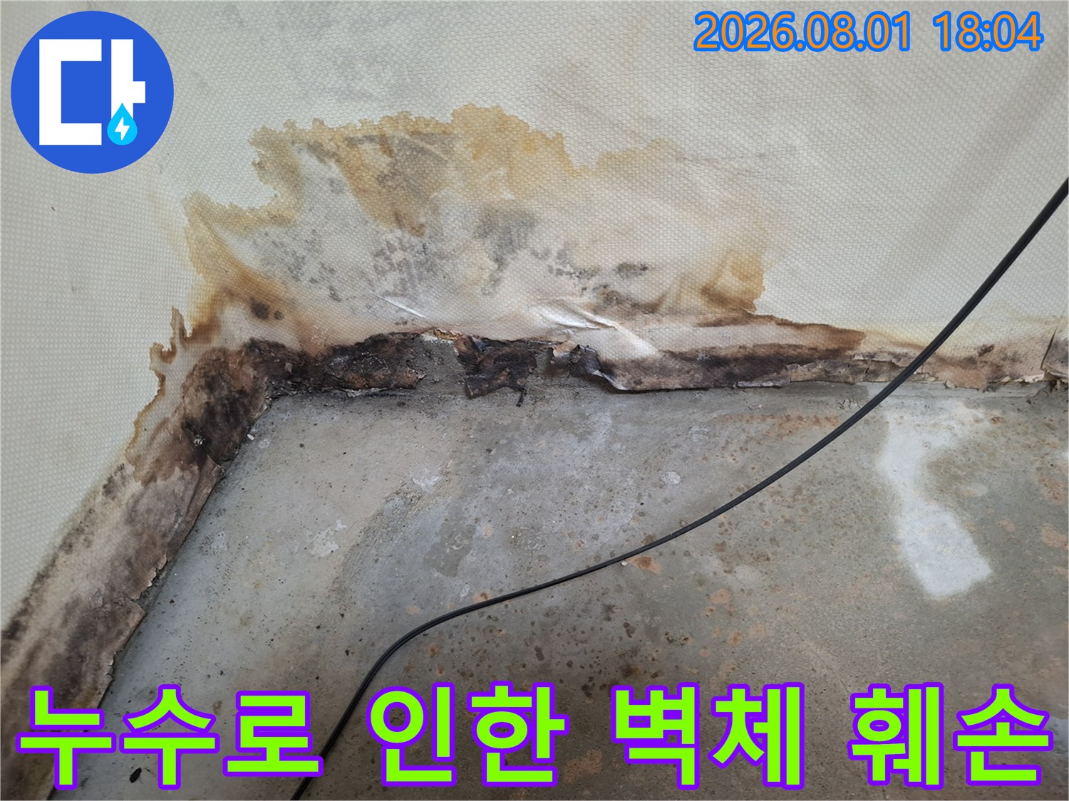 습기 흡수로 변색된 석고보드와 손상된 하부 마감재