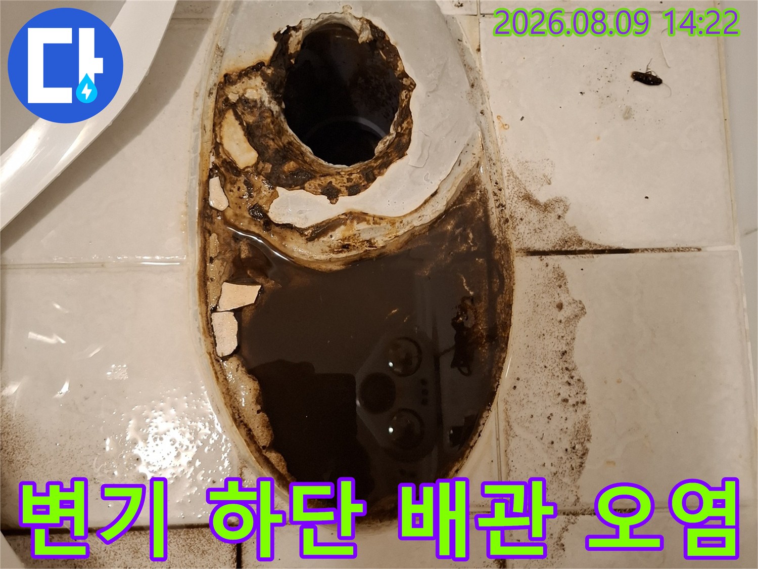 변기를 제거한 자리의 배관과 타일 주변 오염 상태