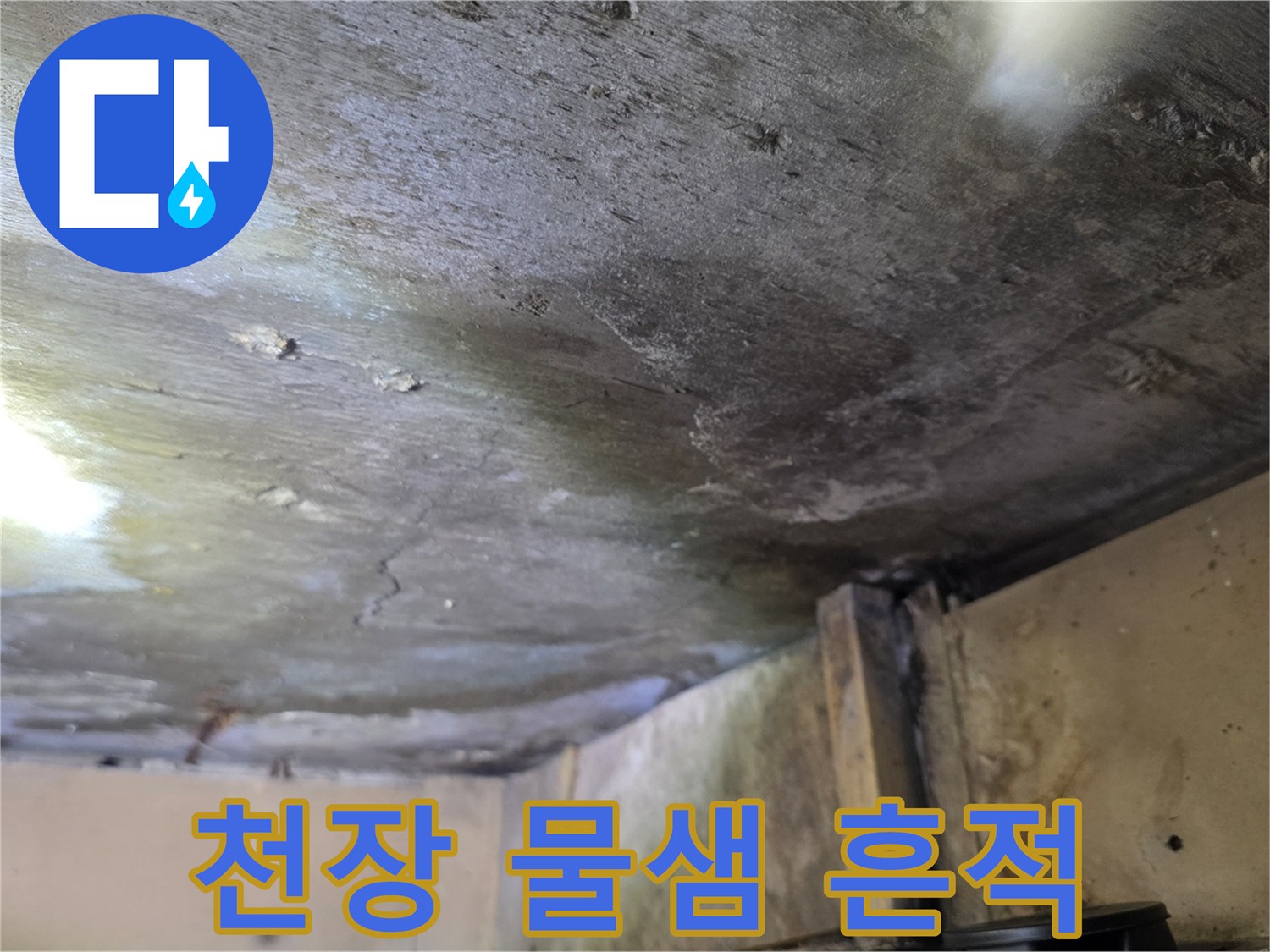 누수 피해로 인해 얼룩진 천장 내부 면