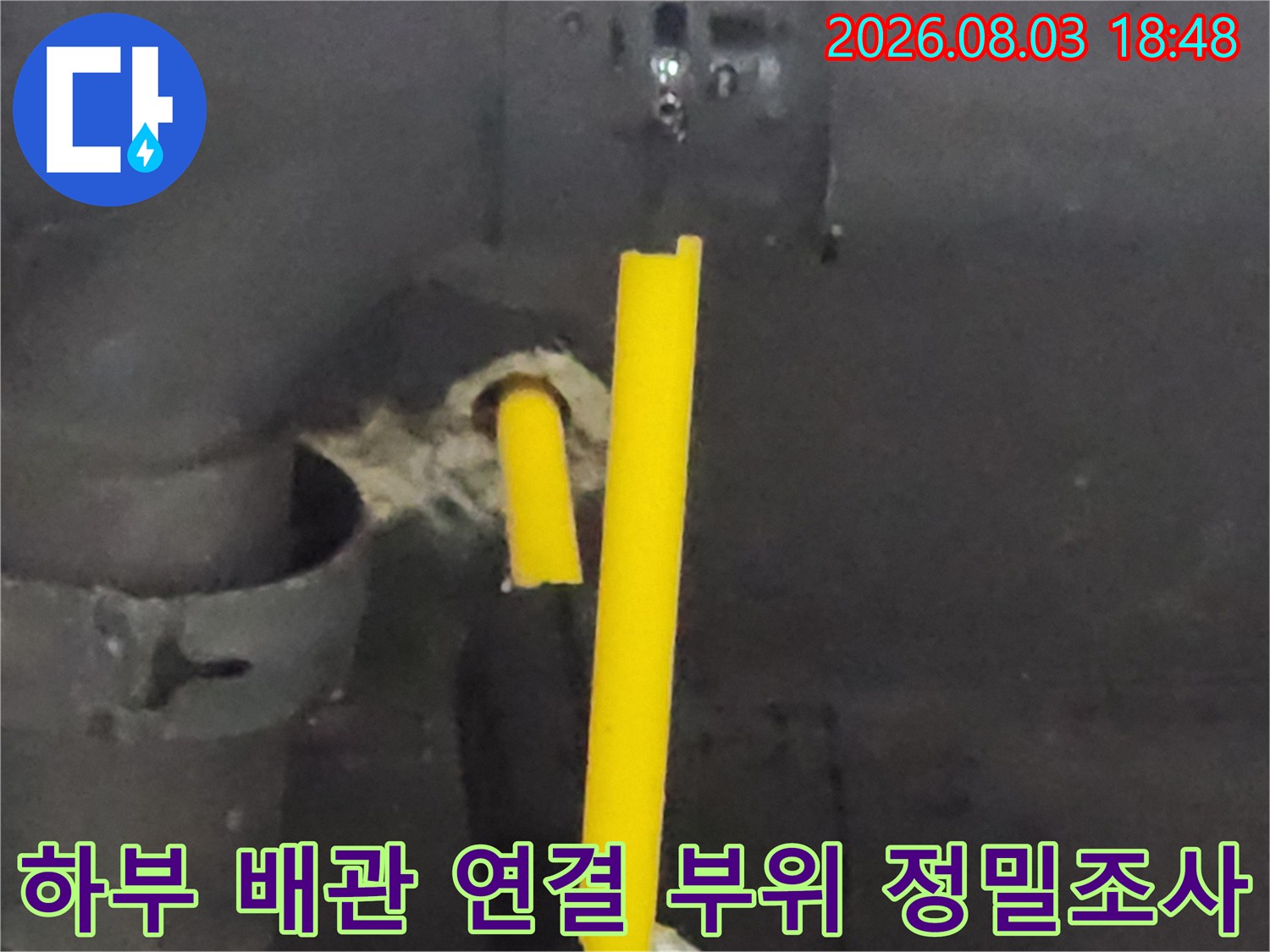 싱크대 하단 노란색 배관과 호스가 만나는 지점의 누수를 점검하는 모습
