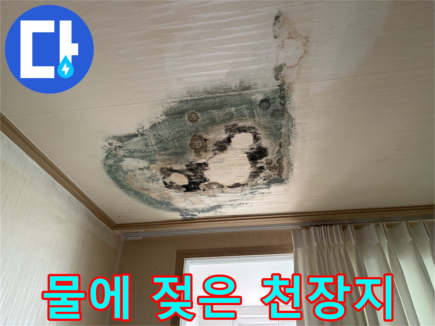 천장지가 습기로 인해 들뜨고 변색된 현장 사진