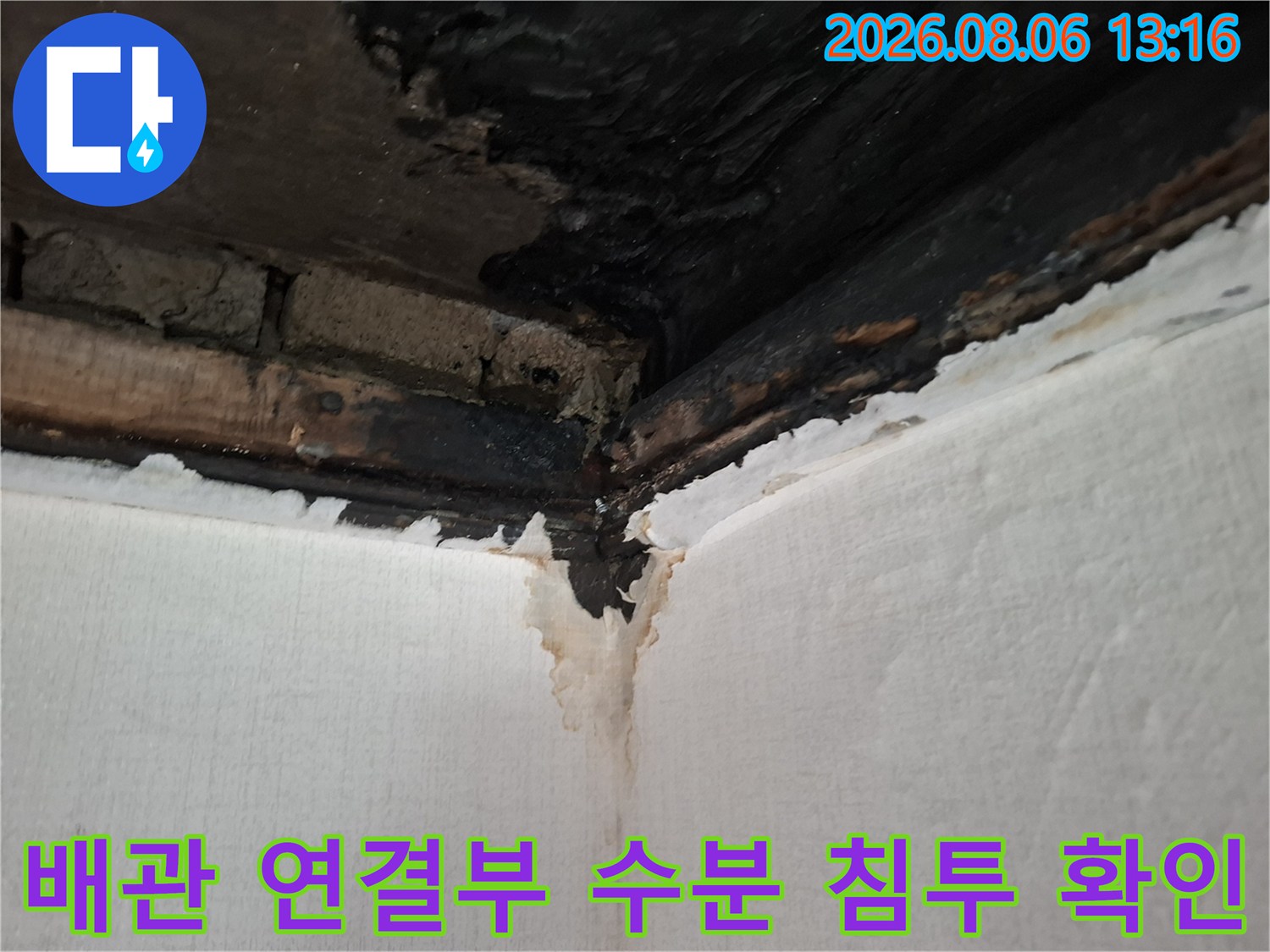 젖은 천장과 배관 부위의 누수 흔적을 상세히 점검하는 장면
