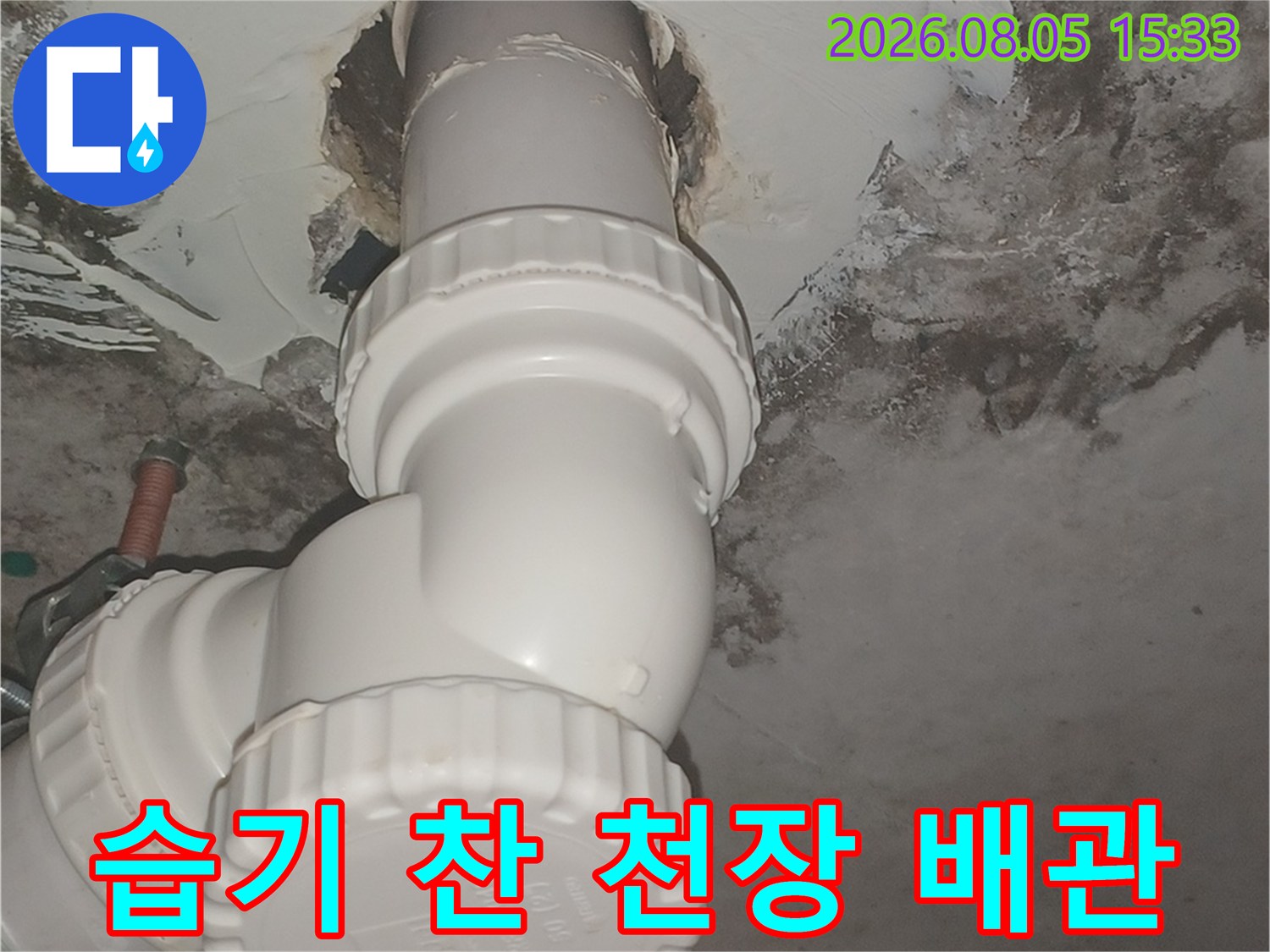 곰팡이와 습기로 오염된 화장실 천장 내부 배관