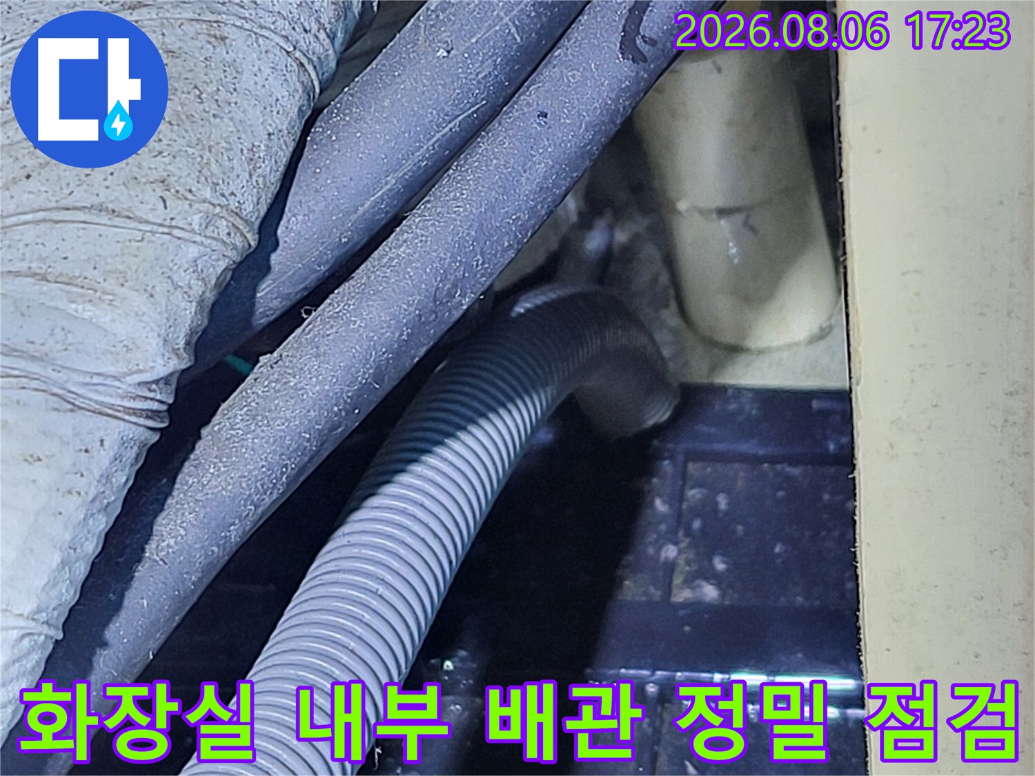 화장실 내부에 노출된 여러 종류의 배관과 유연 호스 구간을 세심하게 확인하는 현장 모습