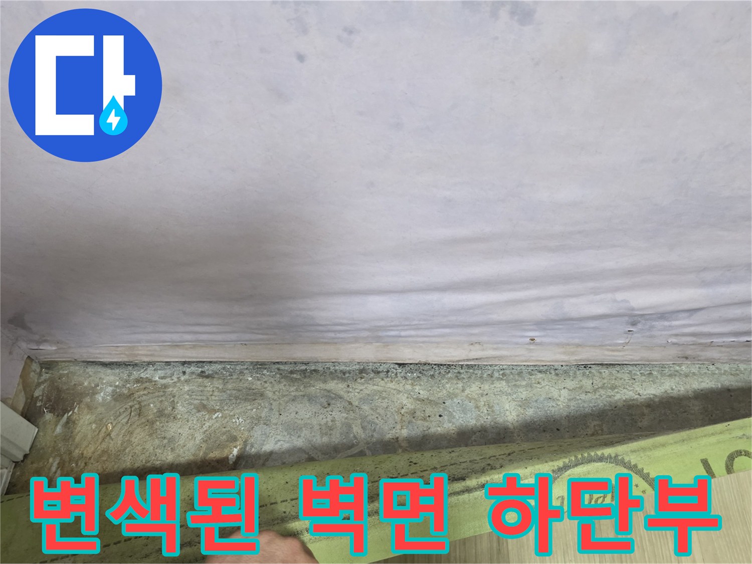 습기로 인해 변색이 진행된 벽지 하단 영역-누수 탐지 현장