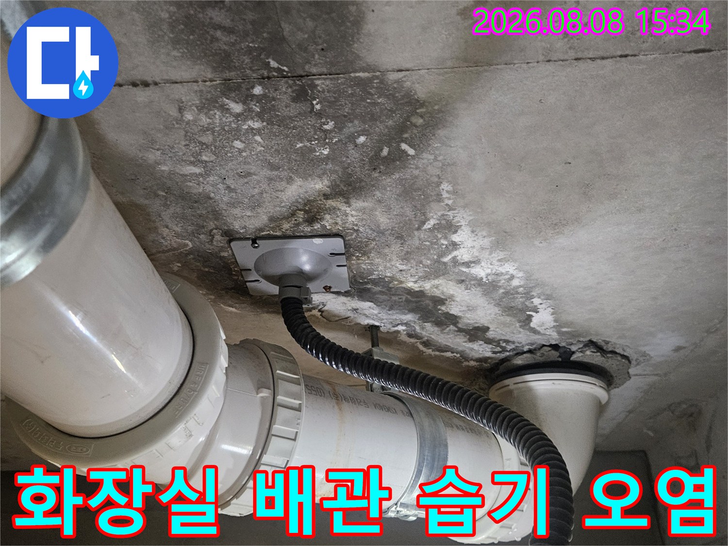 화장실-천장-배관-주변의-젖은-콘크리트-벽면과-오염된-상태를-보여주는-사진
