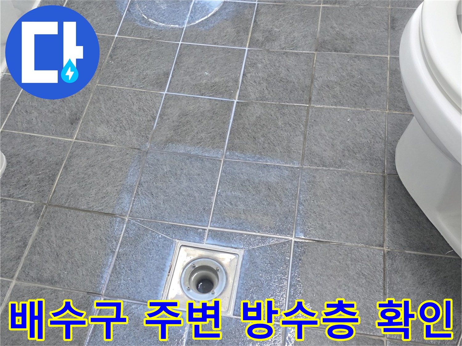 배수구 입구 주변의 젖은 타일과 오염된 흔적