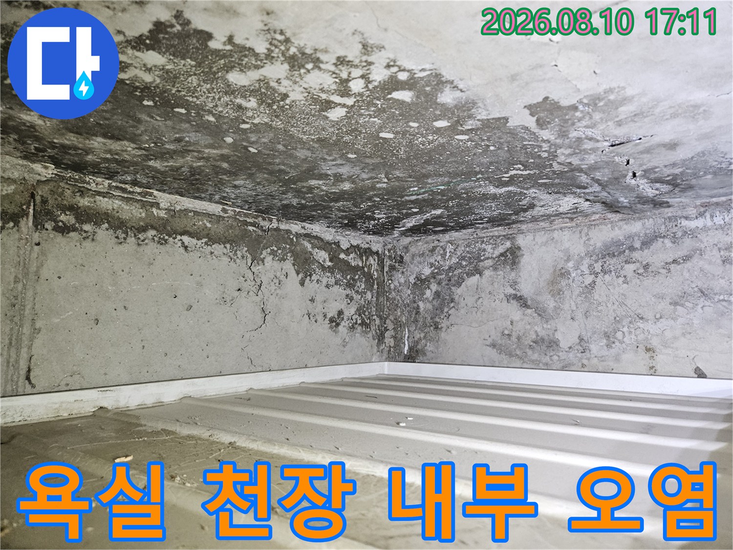 습기가 가득한 화장실 천장 안쪽 콘크리트 벽면
