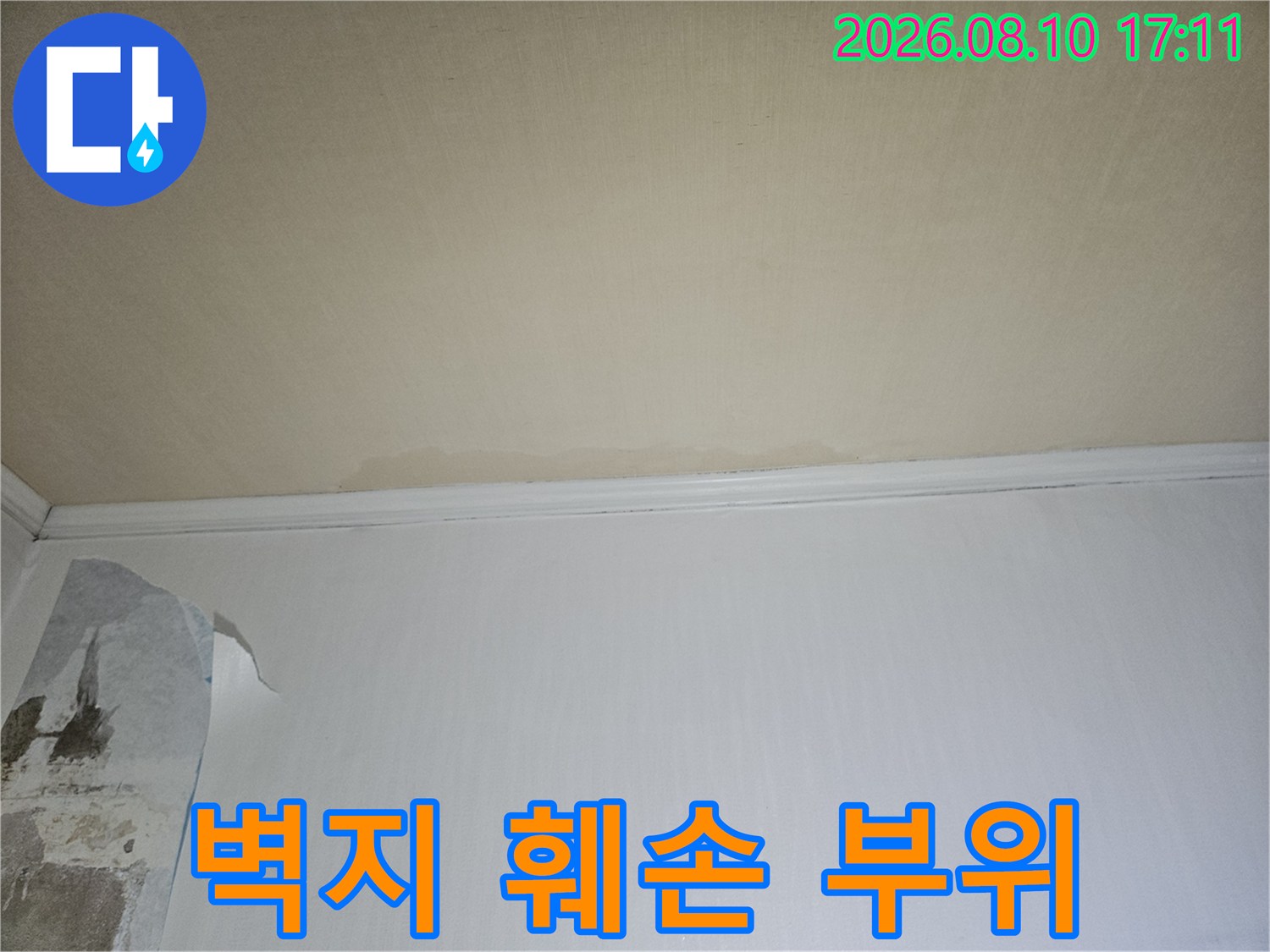 습기에 노출되어 벗겨지고 일어난 벽면 마감재를 근접 촬영한 사진입니다.