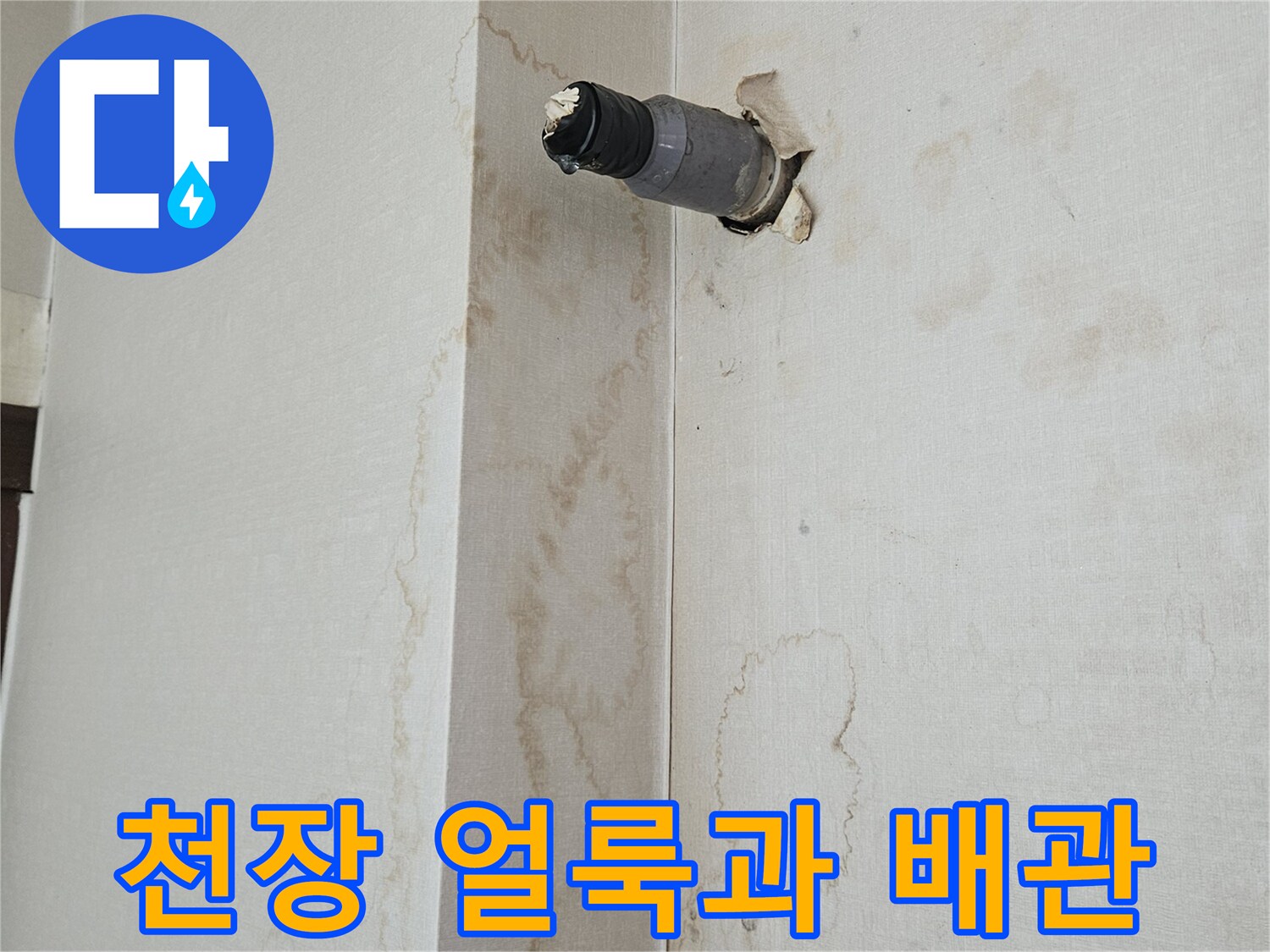 미추홀구 주안동 상가 천장의 누수 흔적과 노출된 배관 상태
