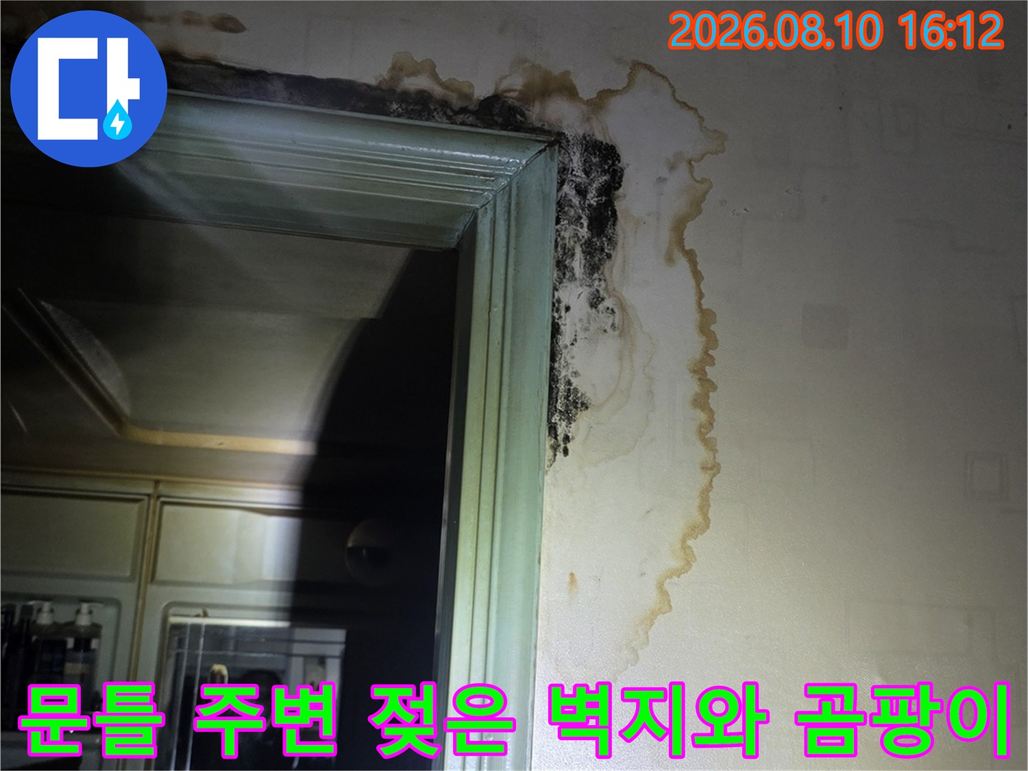 구리 인창동 아파트-욕실 문틀 상단 벽지가 물에 젖어 곰팡이가 발생한 모습입니다.