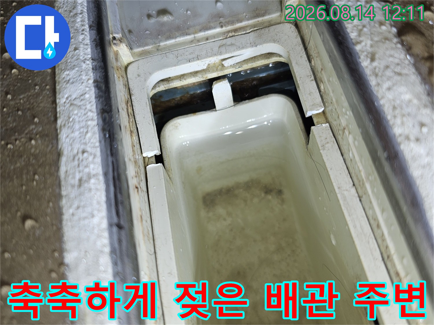 싱크대 하부 구조물과 배관 주위의 습한 상태를 촬영한 사진입니다.