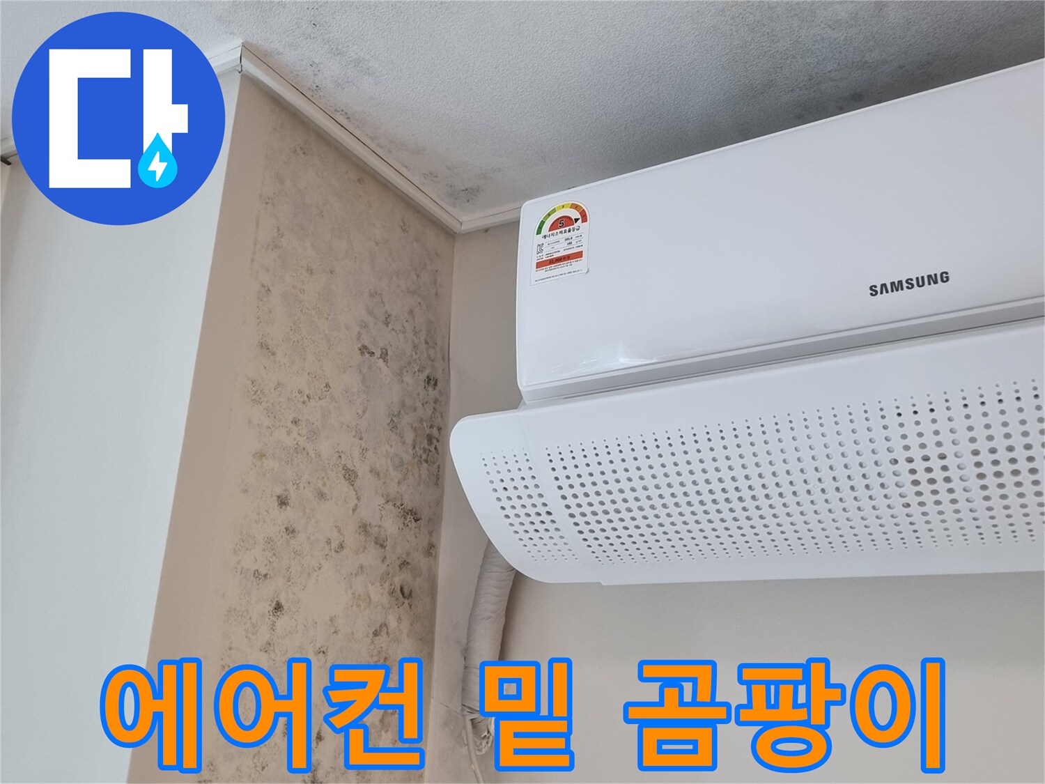에어컨 실내기 하단부의 젖은 벽지와 곰팡이