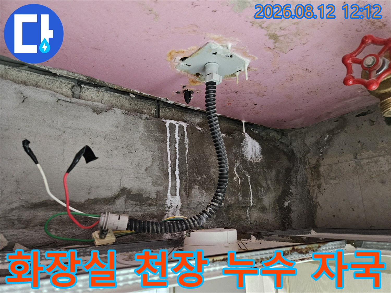 분홍색 천장재와 배관 주변에 남은 하얀색 누수 물자국 이미지입니다.