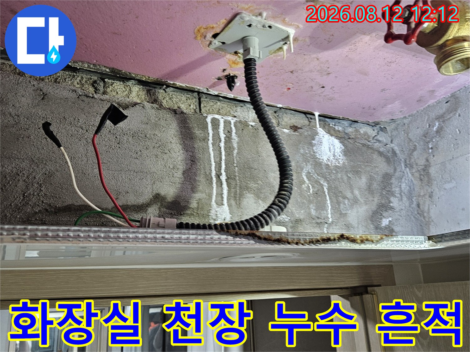 화장실 천장 안쪽 전선관 주변에 물기가 맺힌 배관 점검 현장입니다.
