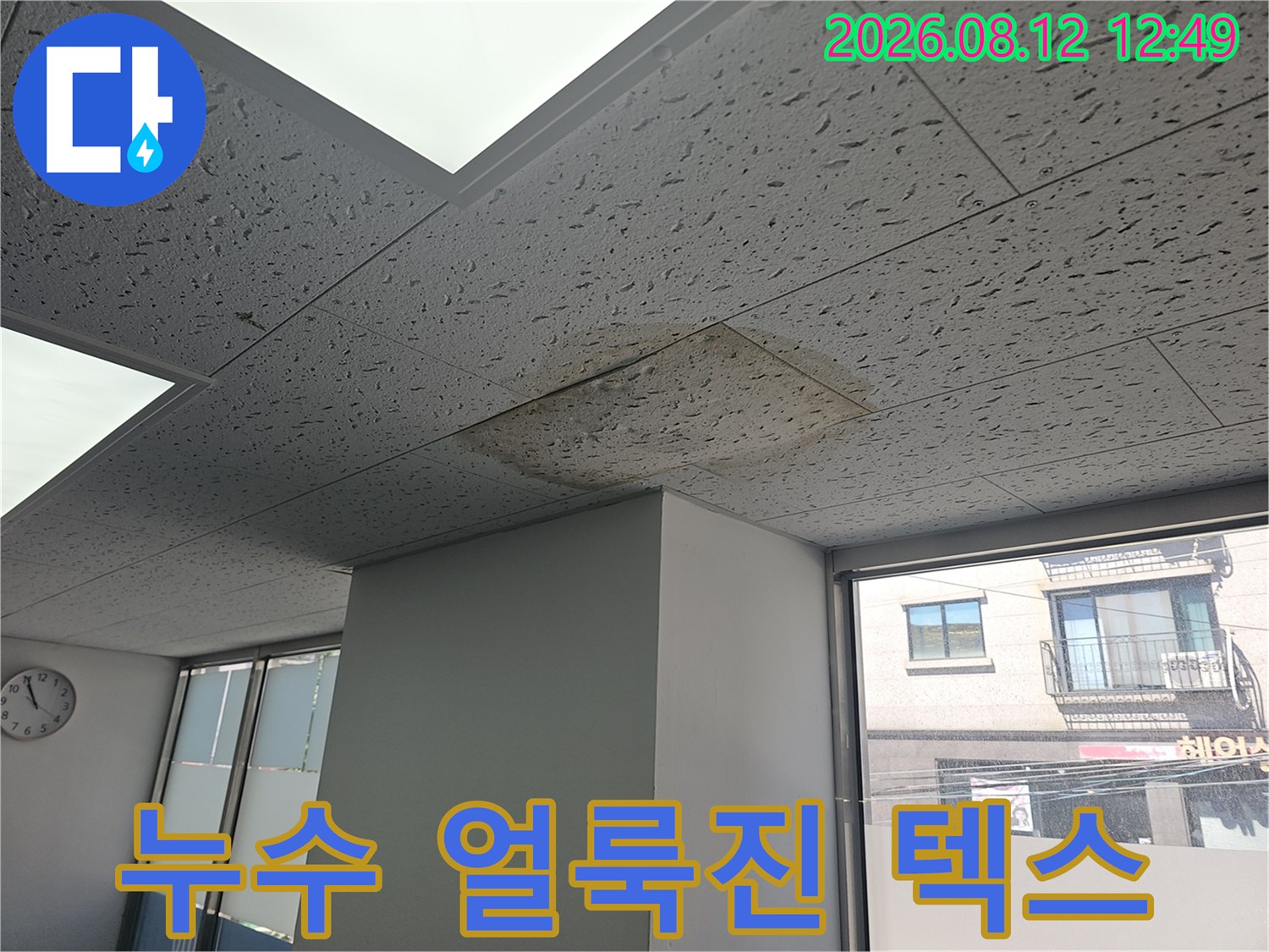 물에 젖어 어둡게 변한 천장 텍스 표면