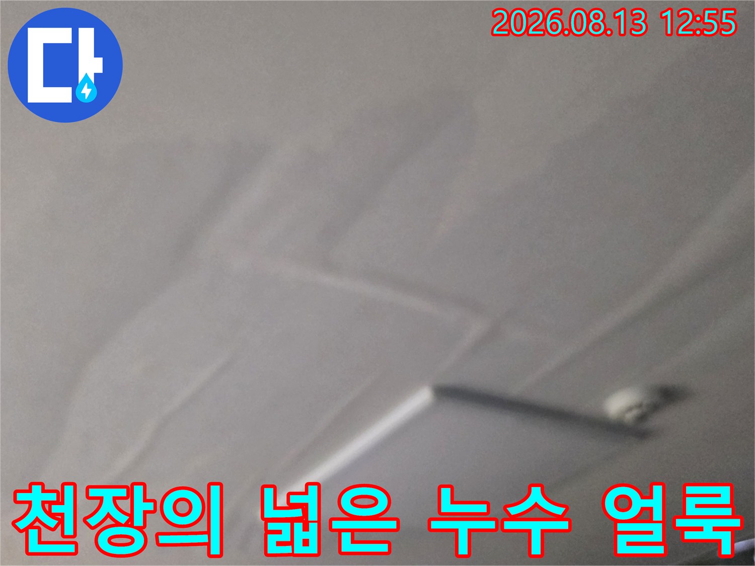 천장 마감재 표면에 발생한 어두운 색상의 누수 얼룩과 변색 부위