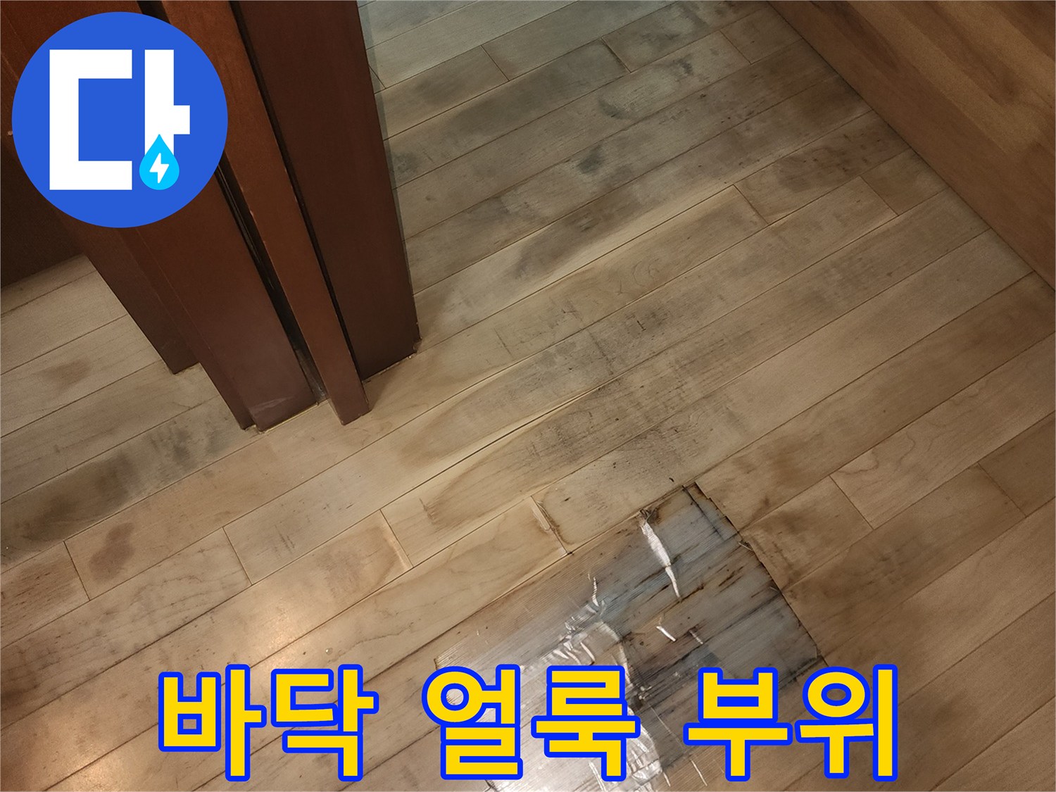 바닥재 곳곳에 나타난 짙은 습기 자국과 변색