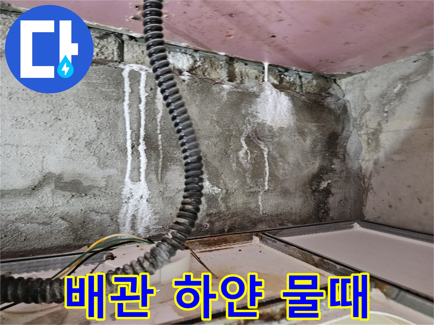 누수 현장 내부-천장 배관을 타고 내려온 물 자국