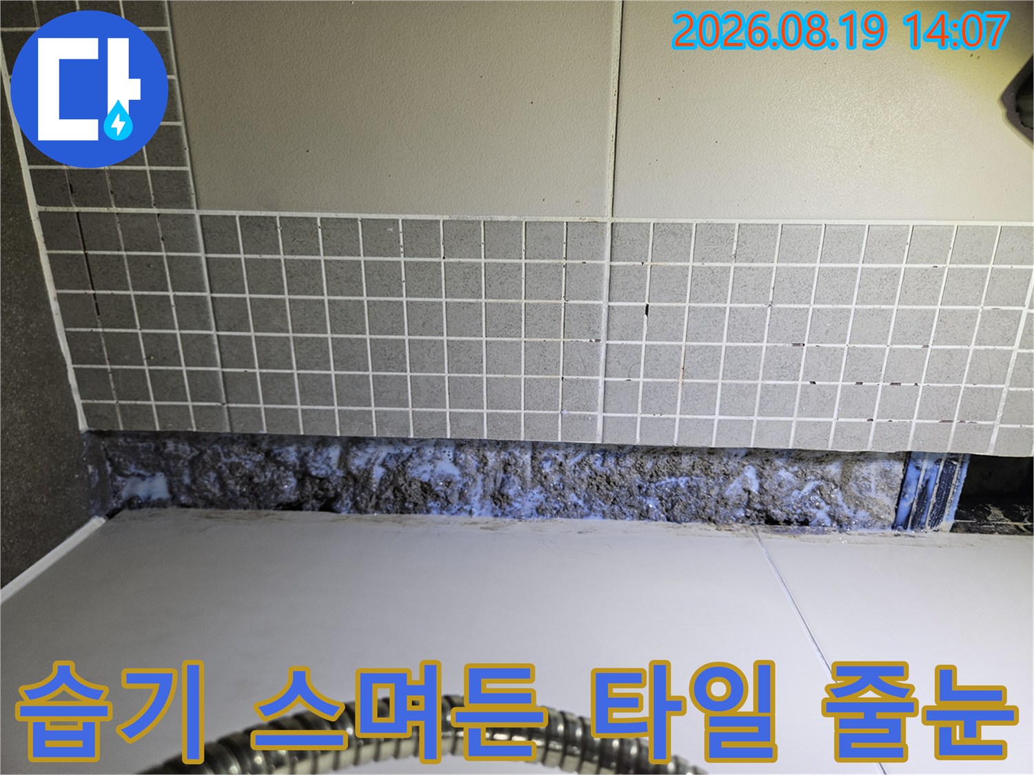 화장실 벽면 하단-누수로 인해 부풀어 오른 듯한 오염