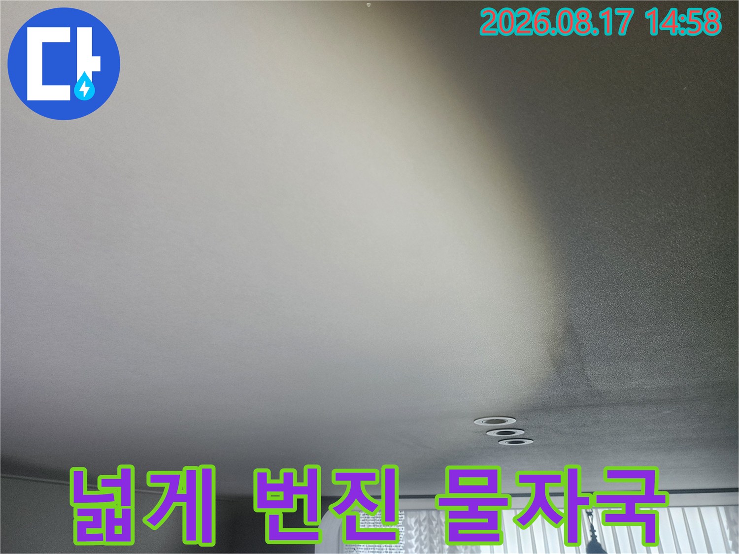 습기를 머금어 어둡게 변한 천장 마감재의 누수 흔적