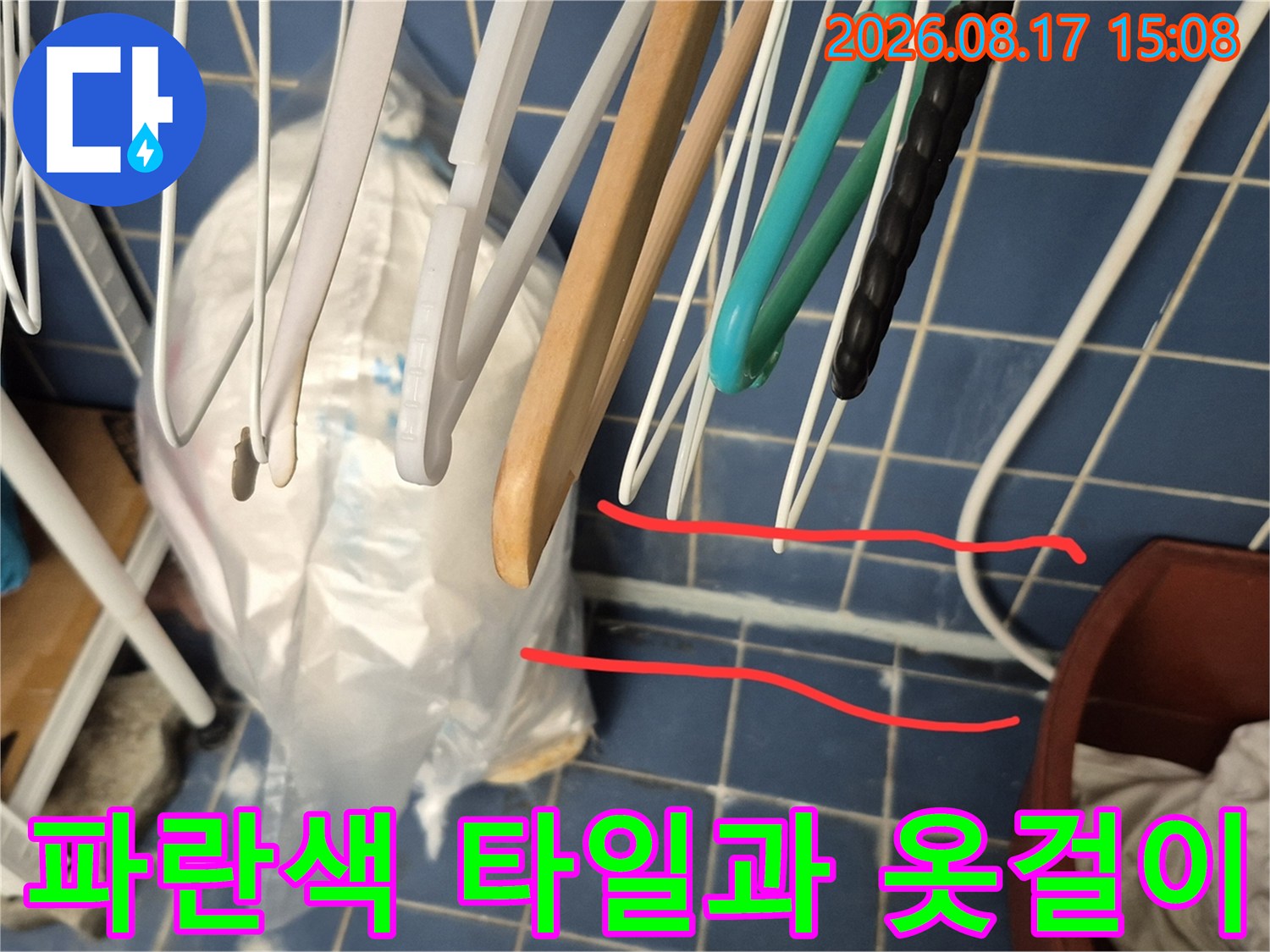 파란색 타일 벽면을 배경으로 한 베란다 소품들