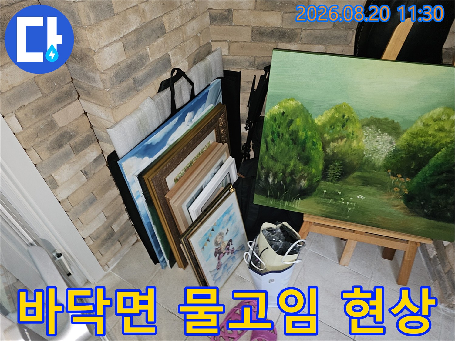 타일 바닥과 벽돌 사이 공간에 보이는 습기 및 물고임 상태입니다.