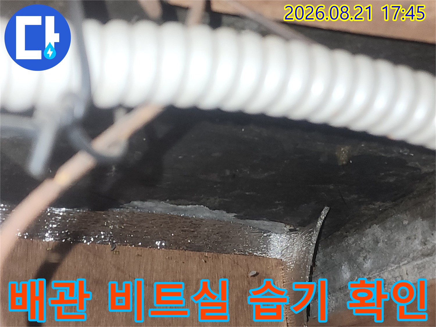 배관 주변의 젖은 콘크리트와 목재 마감재