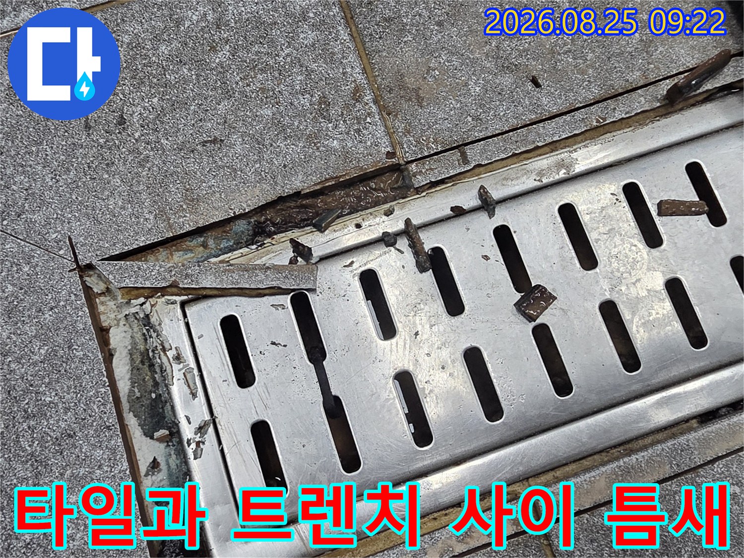 주방 배수구 주변-벌어진 타일 사이로 노출된 누수 부위