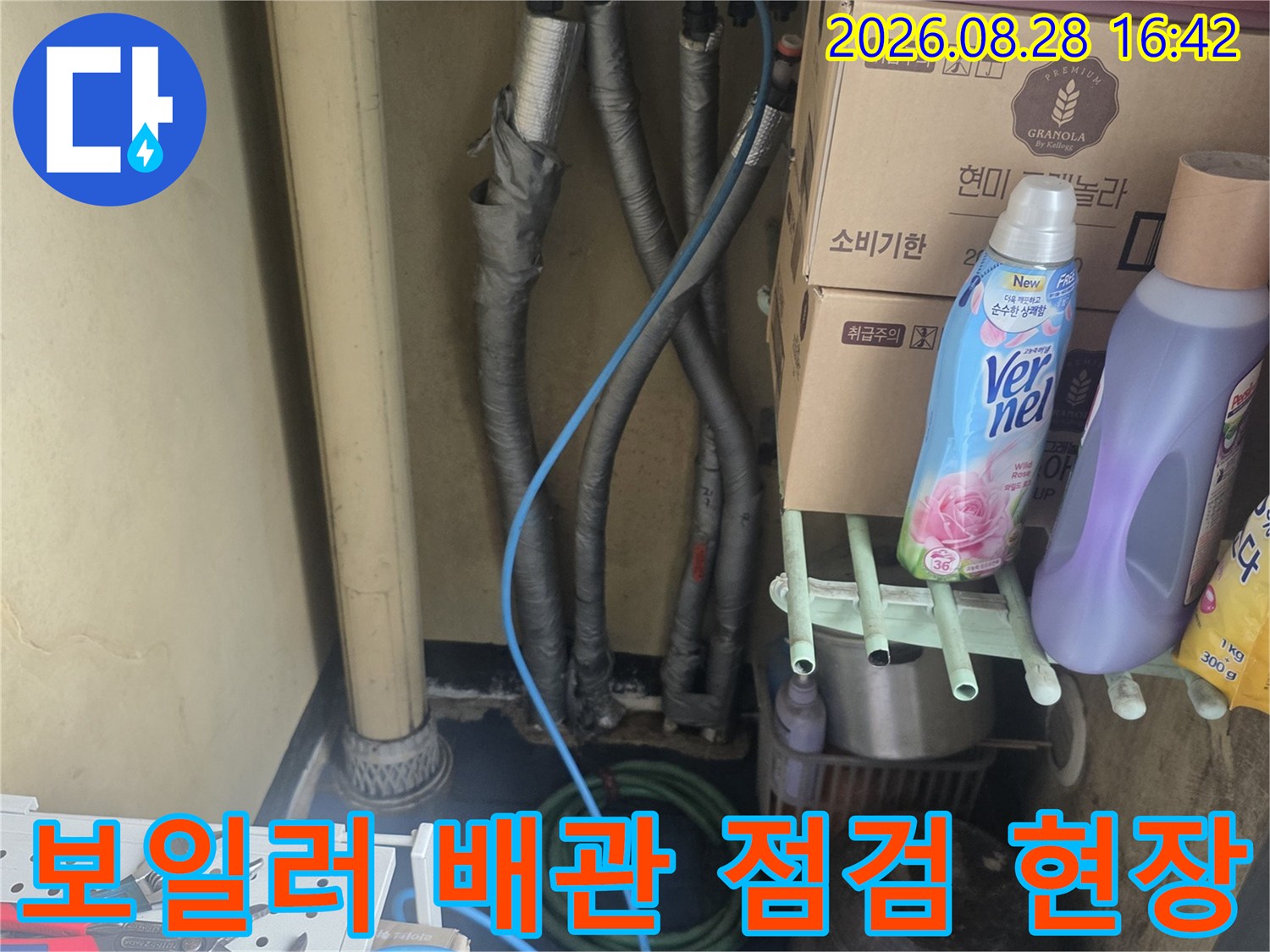 보일러실 내부의 복잡한 배관 연결 부위를 정밀하게 점검하는 모습입니다.