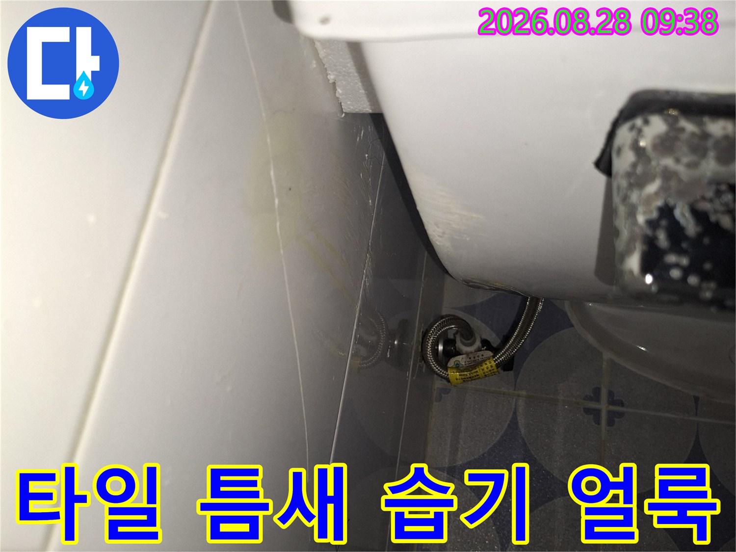 변기 뒤쪽 화장실 타일에 나타난 물샘 흔적