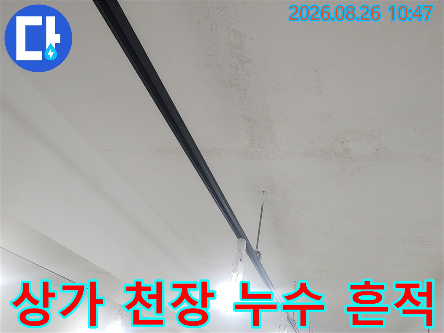 강북구 수유동 상가 건물 내부의 천장 누수 얼룩 및 조명 상태