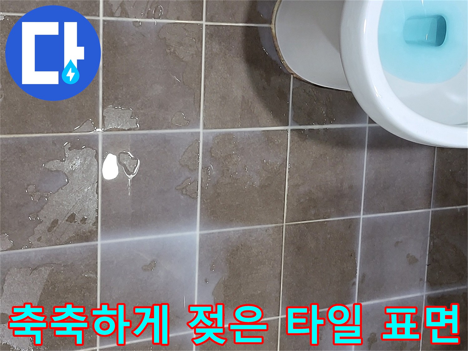 변기 옆쪽-물기가 넓게 퍼진 바닥 타일