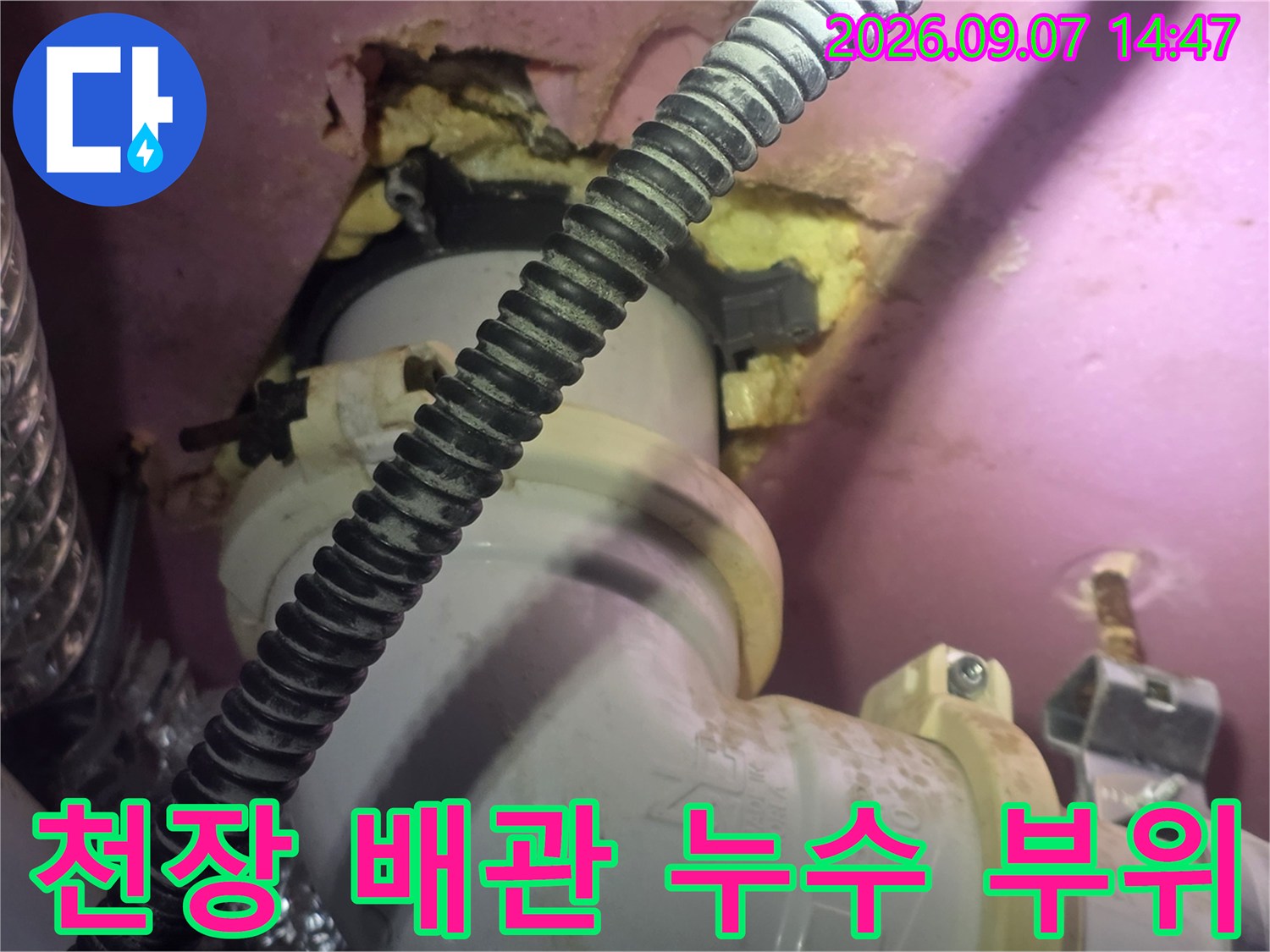 고양시 덕양구-욕실 천장 배관 연결부에서 물이 스며나오는 모습