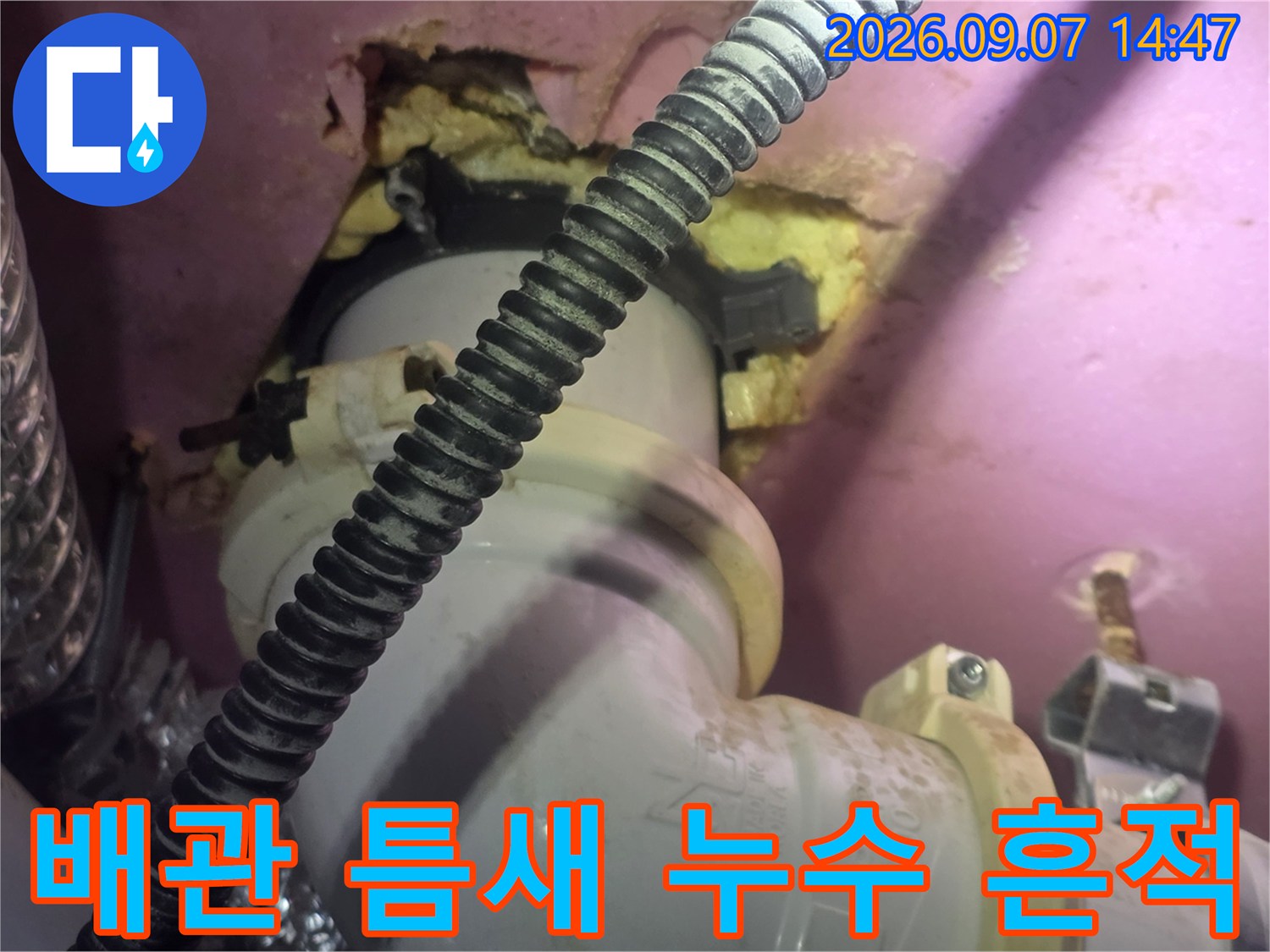 천장 내부 배관과 주변의 물에 젖은 마감재 상세 촬영