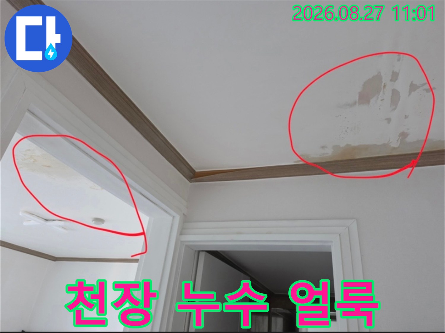 금산읍 아파트-천장 부분에 발생한 누수 오염 흔적