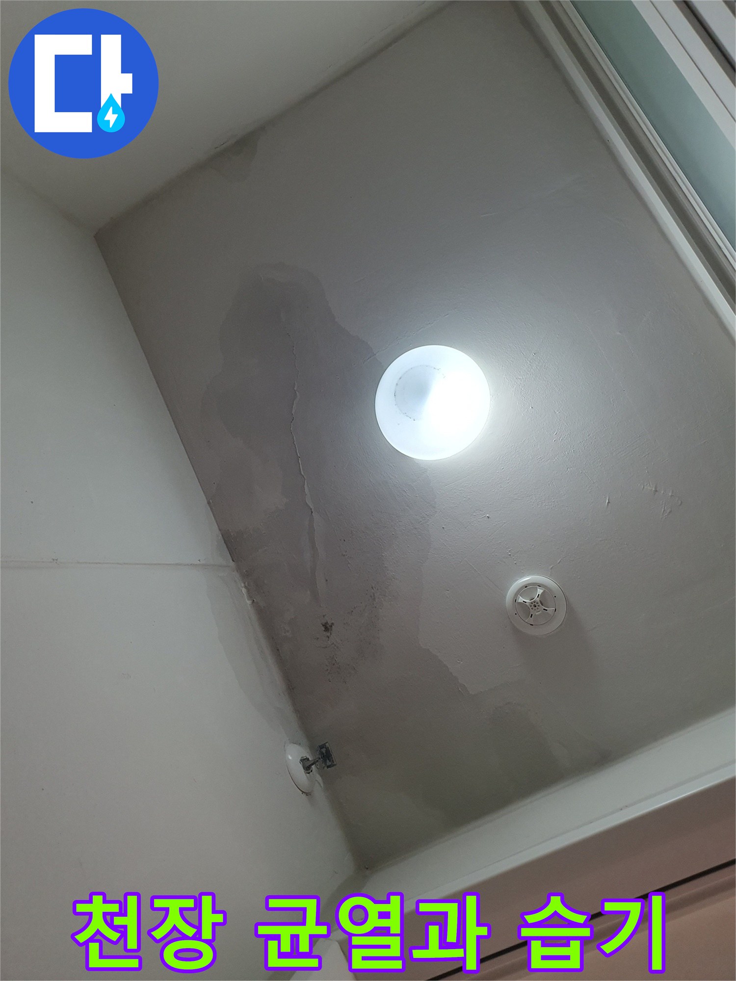 세탁실 천장 중앙을 가로지르는 미세 균열 및 주변 습기 오염