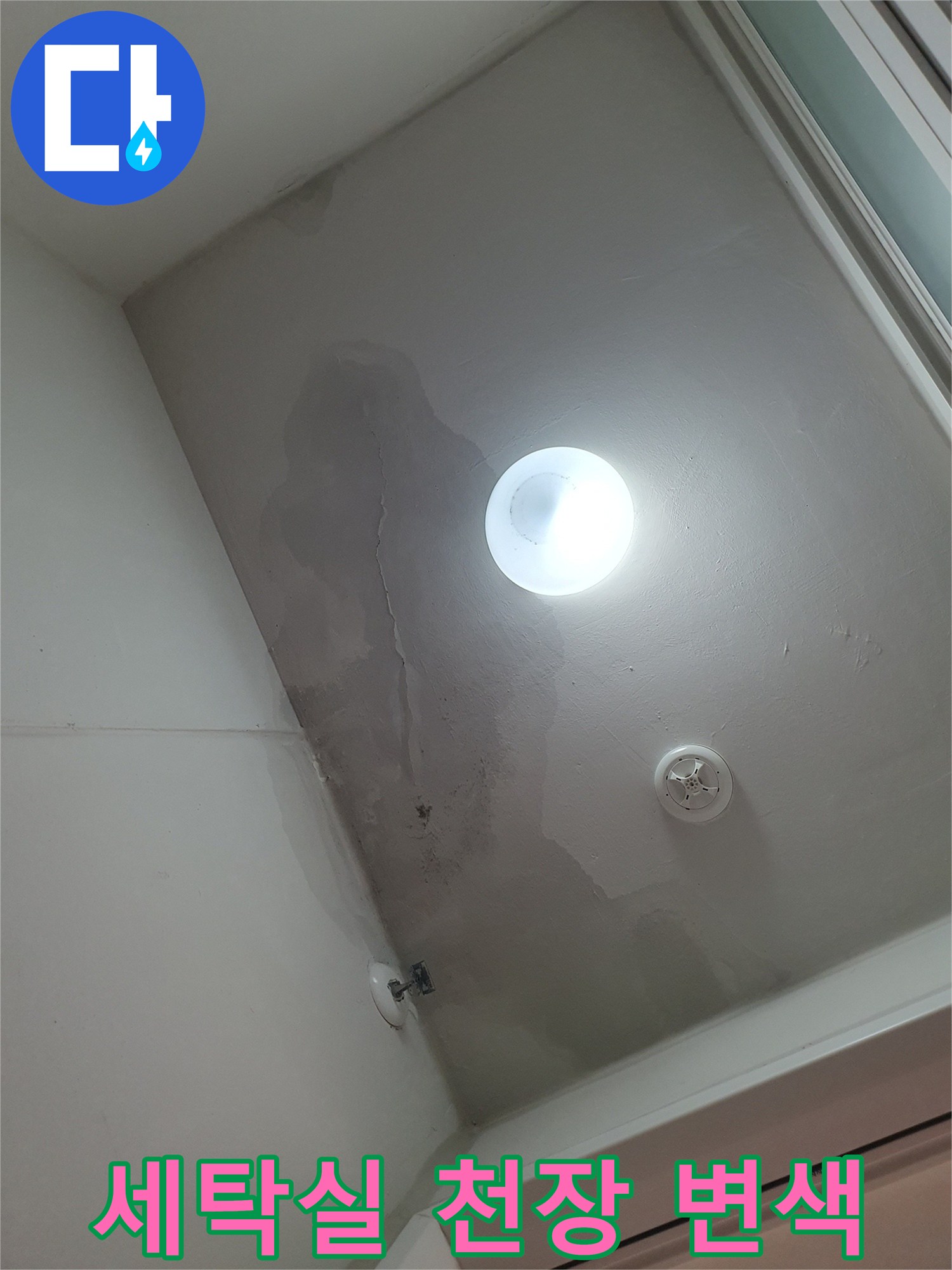 화성 산척동-아파트 세탁실 천장의 넓은 누수 흔적과 변색 상태