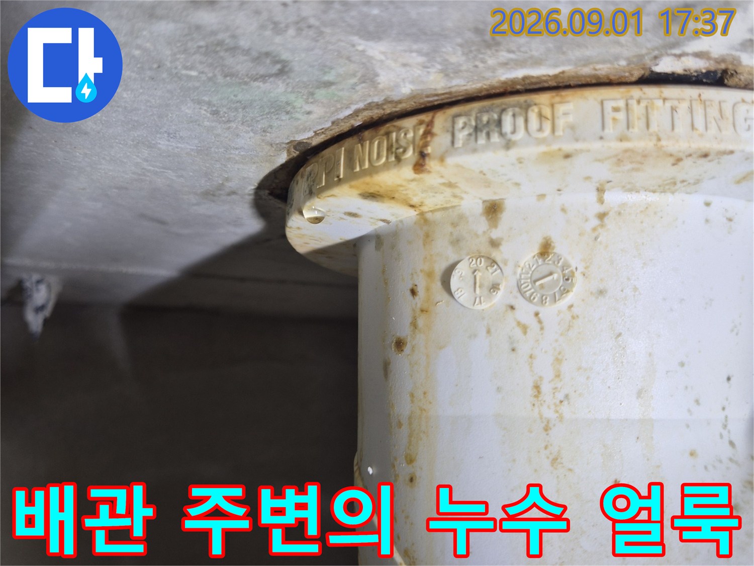 오수 배관 연결부 부근에 발생한 누수 흔적과 오염물질