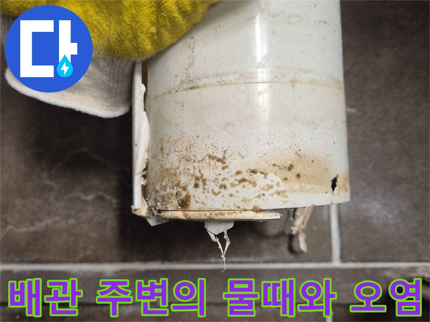 오수관 연결 부위의 거뭇한 물때와 수분 침투 흔적