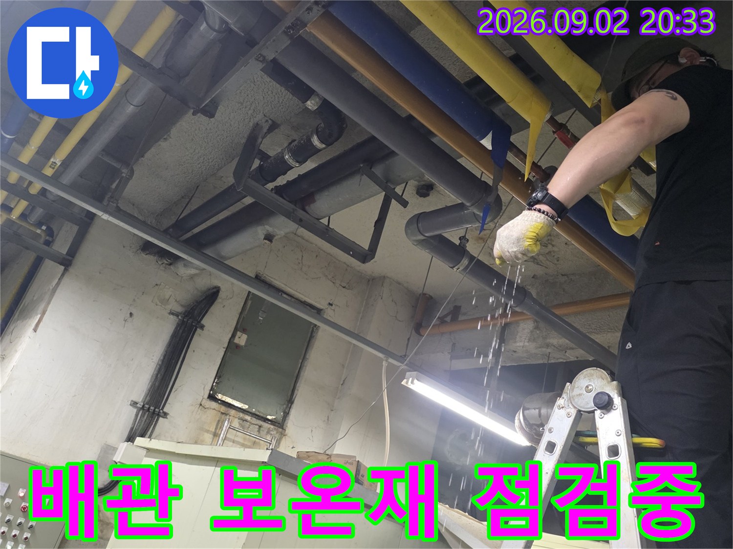 천장에 설치된 다수의 배관 라인을 따라가며 누수 흔적을 찾는 모습입니다.
