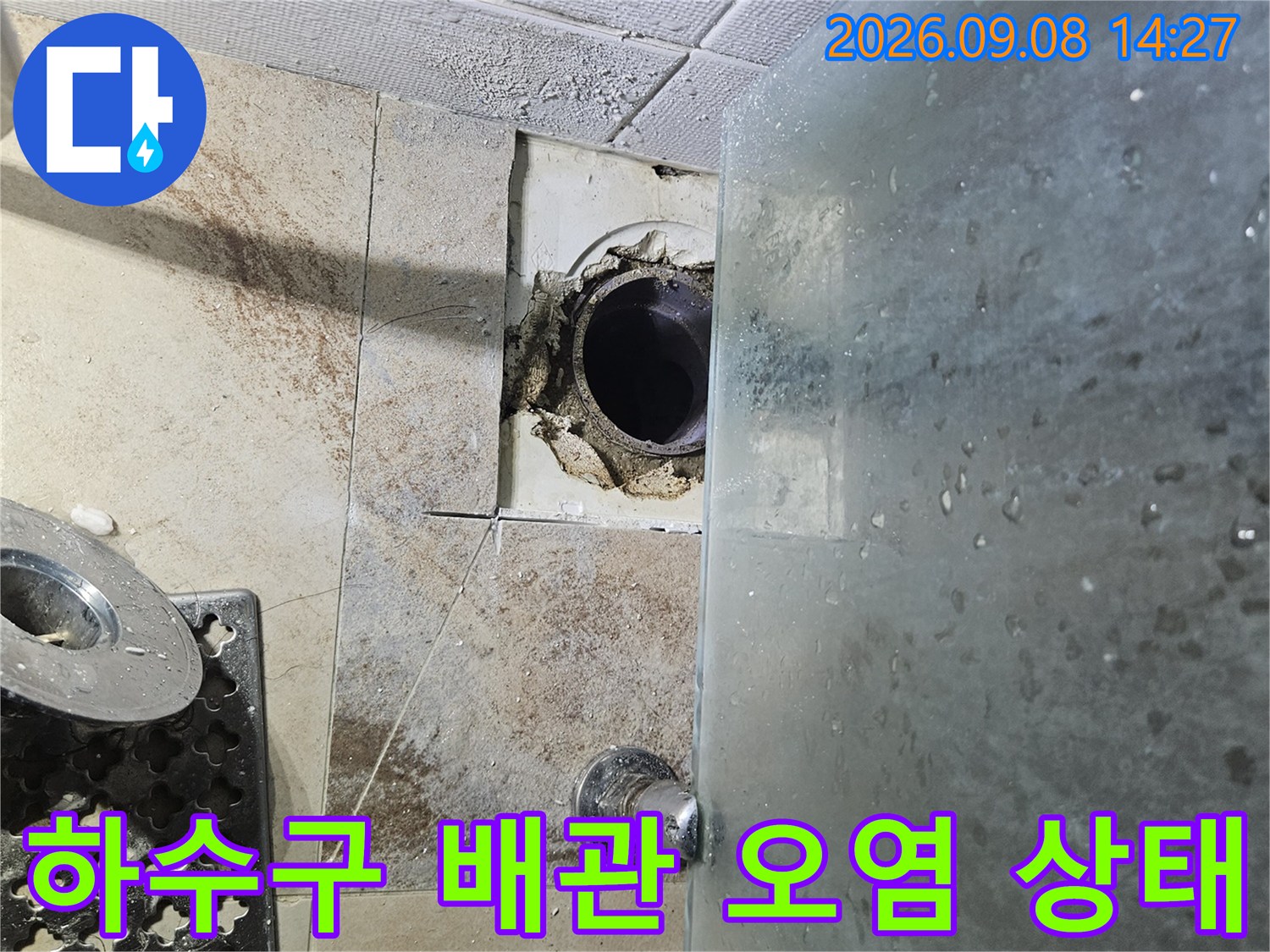 하수구 배관 주변에 찌꺼기와 습기가 가득한 모습입니다.