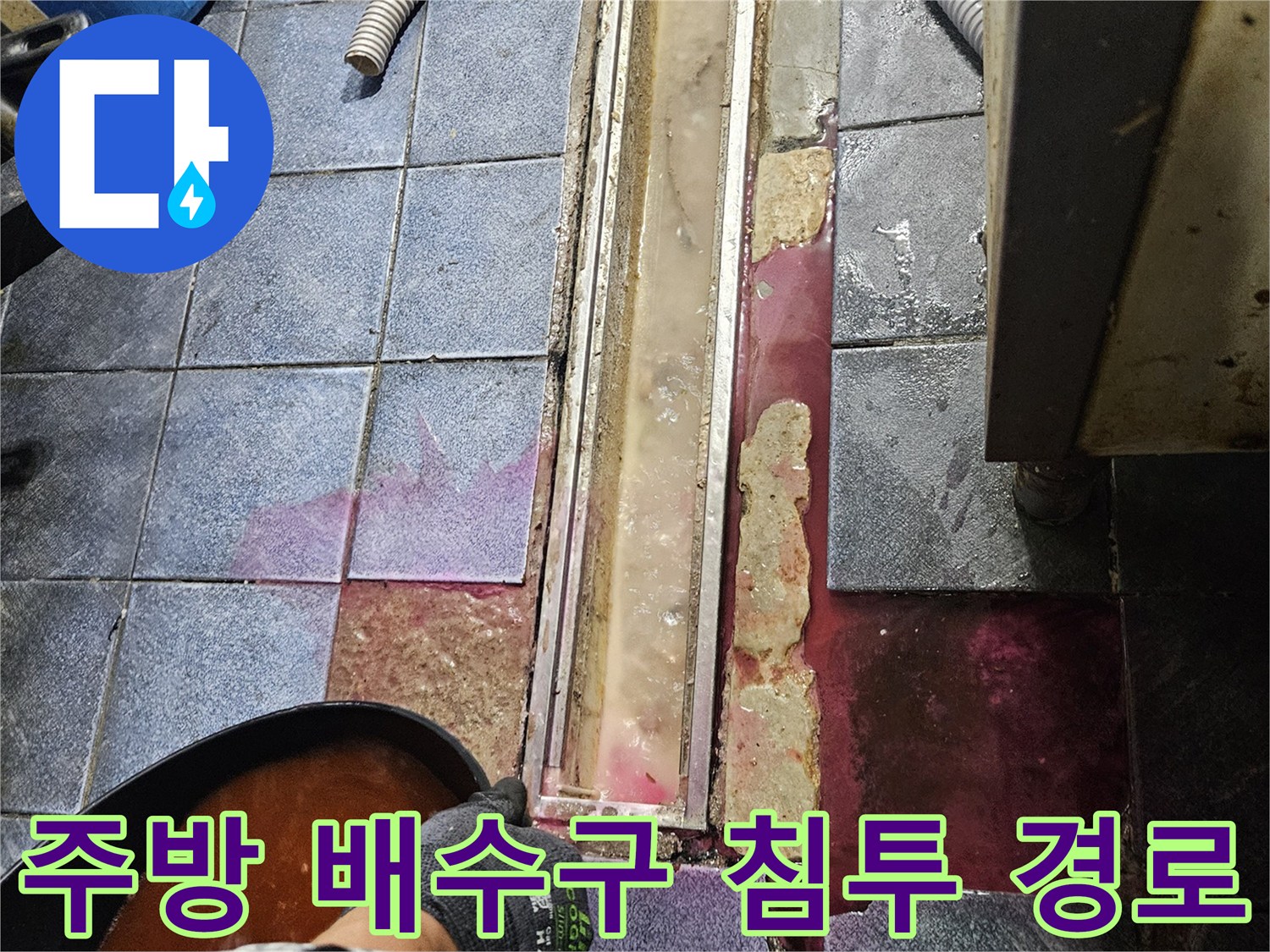 배수구 주변 타일 사이-형광액이 스며드는 누수 지점 포착