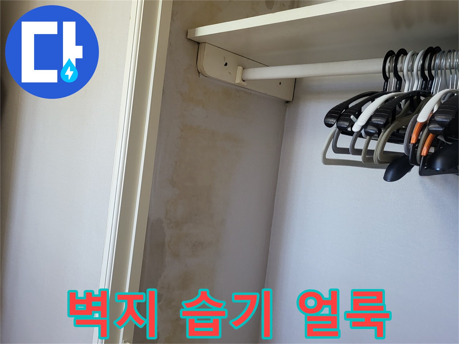 천장 구석 부분의 누수로 인한 젖은 흔적과 얼룩