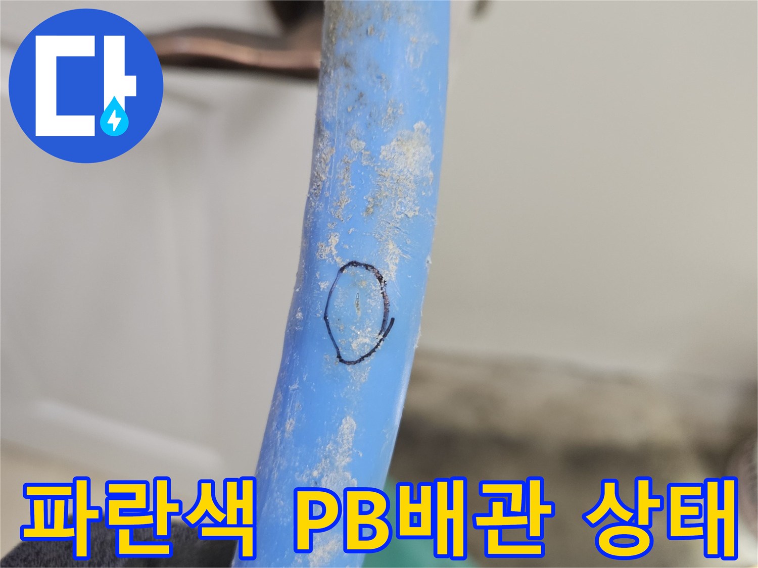 검은색 장갑으로 잡고 있는 파란색 PB배관의 표면 손상 부위 확인